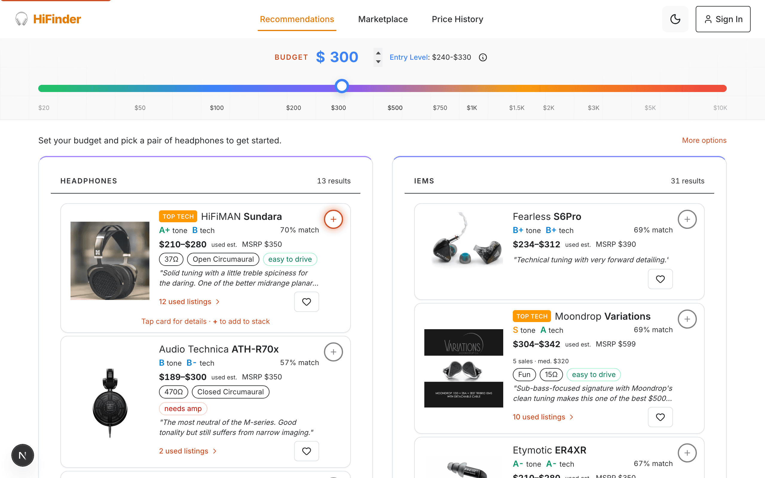 HiFinder recommendation engine showing matched headphones and audio equipment
